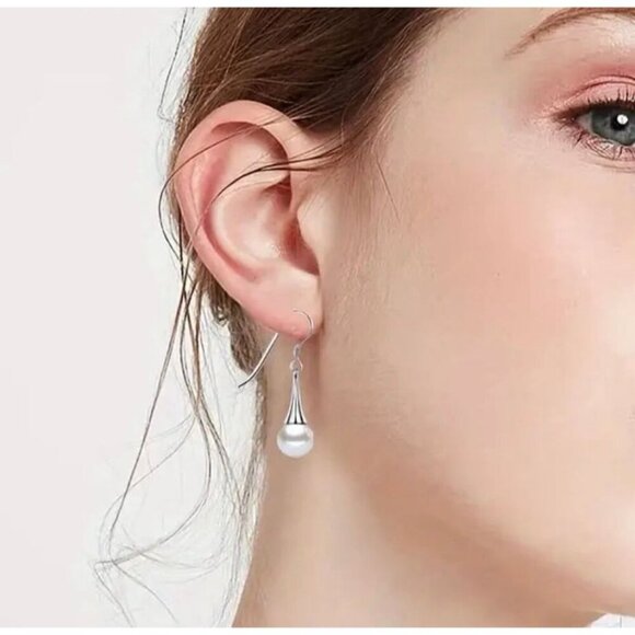 Silver Pearl Drop Dangle Earrings - Picture 2 of 2